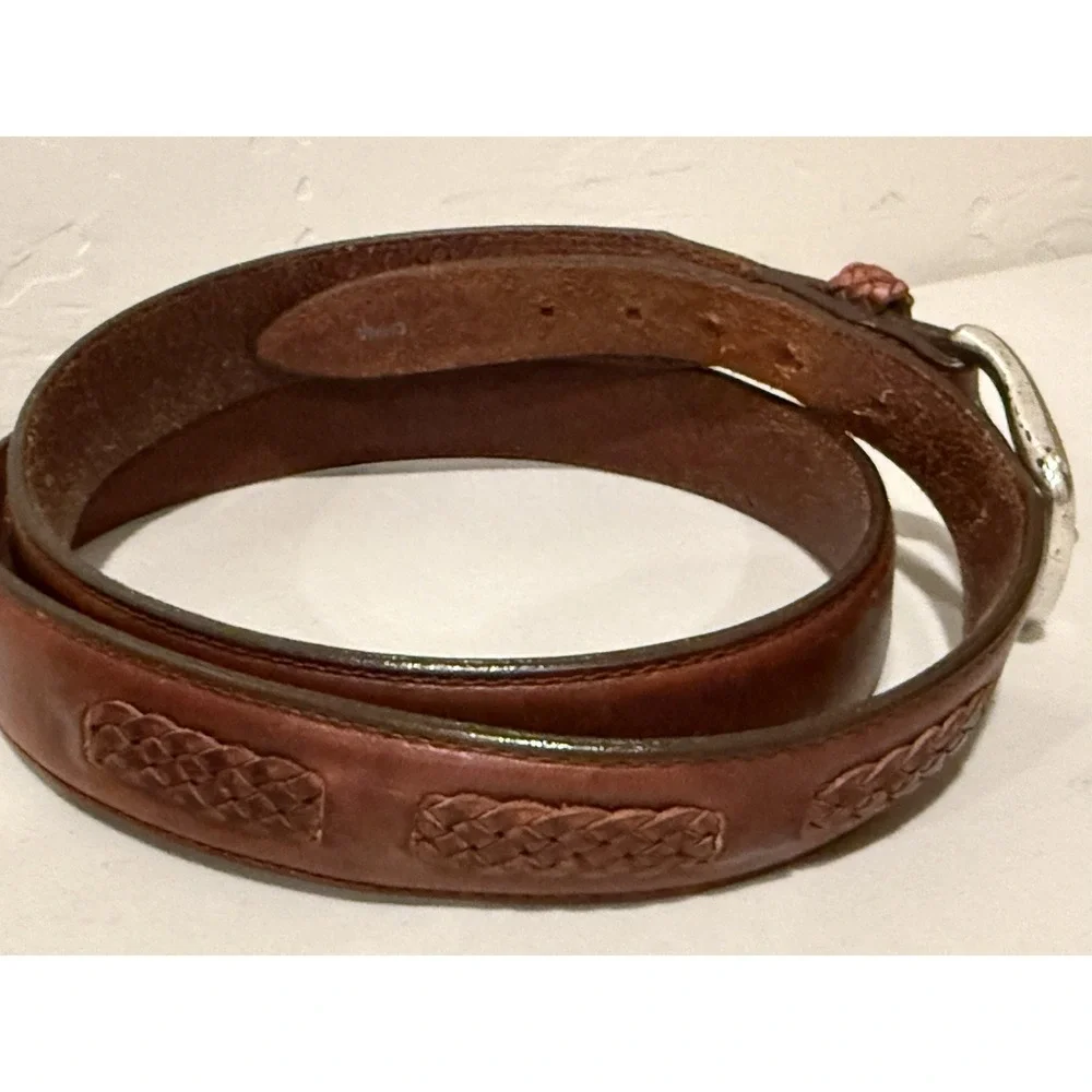 Vintage Men Brown Leather Belt 40 Braided Accent Western Dress Silver Buckle